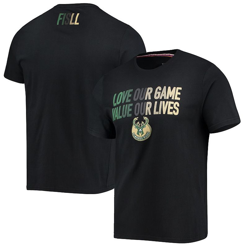 Mens FISLL Black Milwaukee Bucks Social Justice Team T-Shirt, Size: Small,