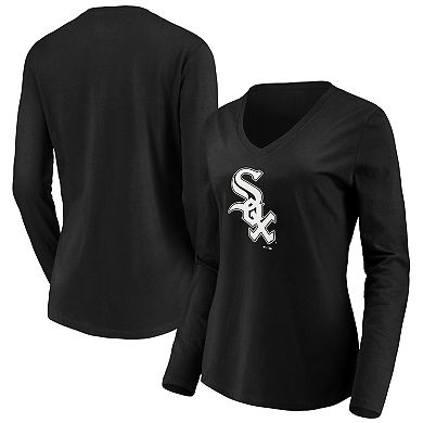 Women's Fanatics Branded Black Chicago White Sox Official Logo Long Sleeve V-Neck T-Shirt