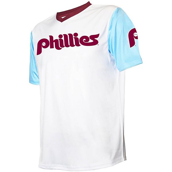 Men's Stitches White Philadelphia Phillies Cooperstown Collection Wordmark V -Neck Jersey