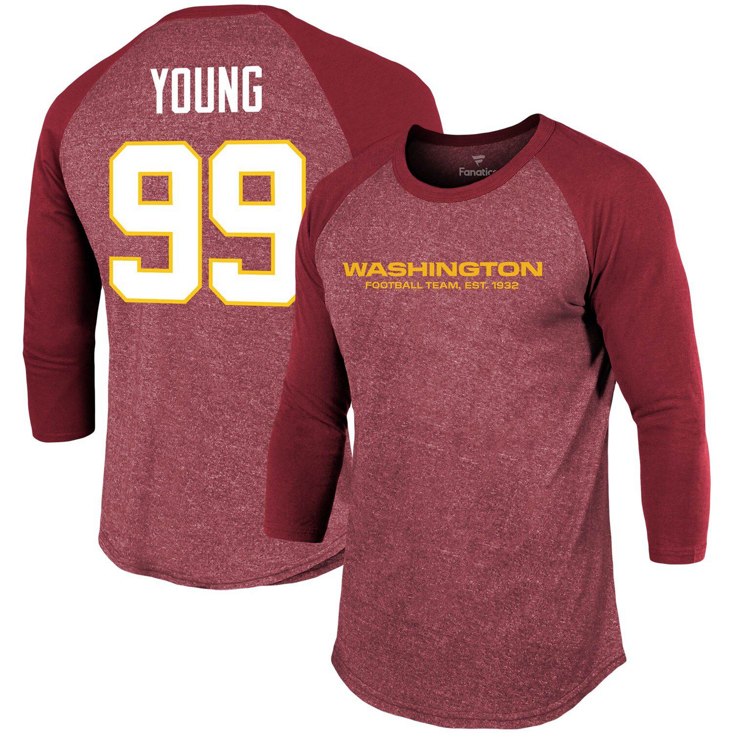 Fanatics Women's Chase Young Burgundy Washington Football Team Player Name  Number Tri-Blend Raglan 3/4 Sleeve T-shirt