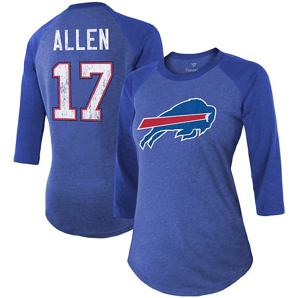 Women's Fanatics Branded Josh Allen Heather Royal Buffalo Bills Team Player  Name & Number Tri-Blend Raglan 3/4-Sleeve T-Shirt