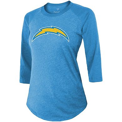 Women's Fanatics Branded Justin Herbert Powder Blue Los Angeles Chargers Team Player Name & Number Raglan 3/4-Sleeve T-Shirt
