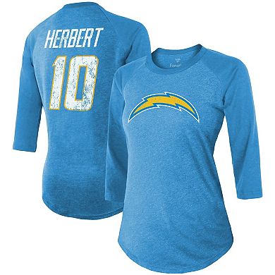 Women's Fanatics Branded Justin Herbert Powder Blue Los Angeles Chargers Team Player Name & Number Raglan 3/4-Sleeve T-Shirt