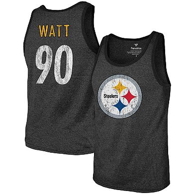 Men's Majestic Threads T.J. Watt Heathered Black Pittsburgh Steelers Name & Number Tri-Blend Tank Top