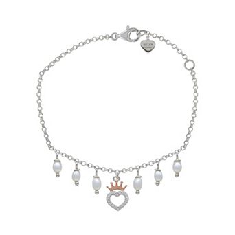 Disney's Sterling Silver Freshwater Cultured Pearl Crown & Heart Charm Bracelet