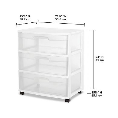 2 Pack Sterilite 3 Wide Drawer Storage Cart Container w/Casters for Mobility