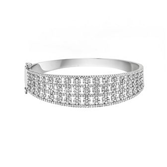 Sterling Silver Cubic Zirconia Round Flower Bangle Bracelet