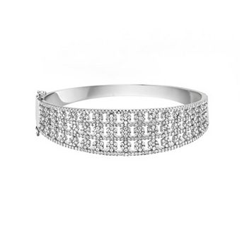 Sterling Silver Cubic Zirconia Round Flower Bangle Bracelet