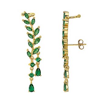 14k Gold Over Sterling Silver Green Cubic Zirconia Leaf Stud Earrings