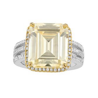 14k Gold Over Sterling Silver Yellow Cubic Zirconia Asscher Cut Triple Pave Ring