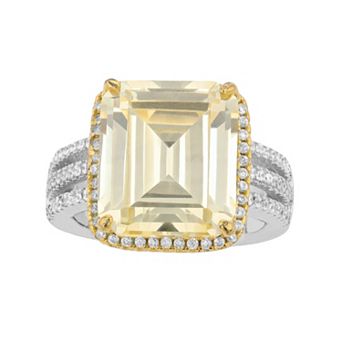 14k Gold Over Sterling Silver Yellow Cubic Zirconia Asscher Cut Triple Pave Ring
