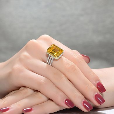 14k Gold Over Sterling Silver Yellow Cubic Zirconia Asscher Cut Triple Pave Ring