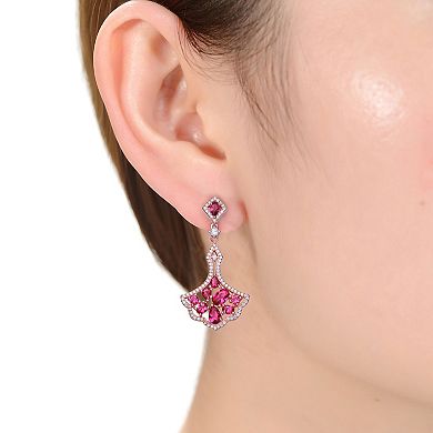 18k Rose Gold Sterling Silver Red Cubic Zirconia Dangle Earrings