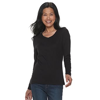 Petite Croft & Barrow® Essential Long-Sleeve V-Neck Top