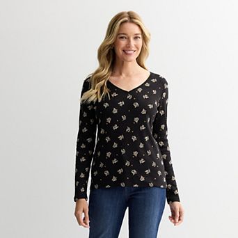 Petite Croft & Barrow® Essential Long-Sleeve V-Neck Top