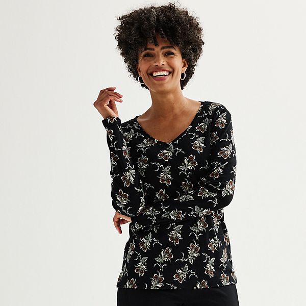 Petite Croft & Barrow&reg; Essential Long-Sleeve V-Neck Top - Black Paisley Flower (S PETITE)