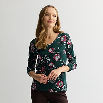Petite Croft & Barrow® Essential Long-Sleeve V-Neck Top