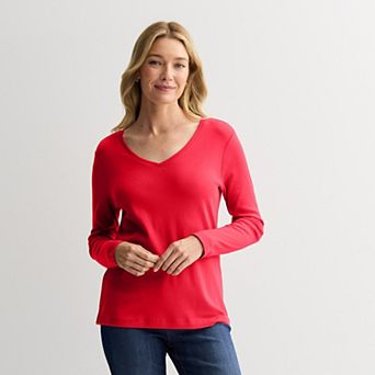 Petite Croft & Barrow® Essential Long-Sleeve V-Neck Top