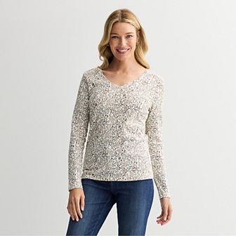 Petite Croft & Barrow® Essential Long-Sleeve V-Neck Top