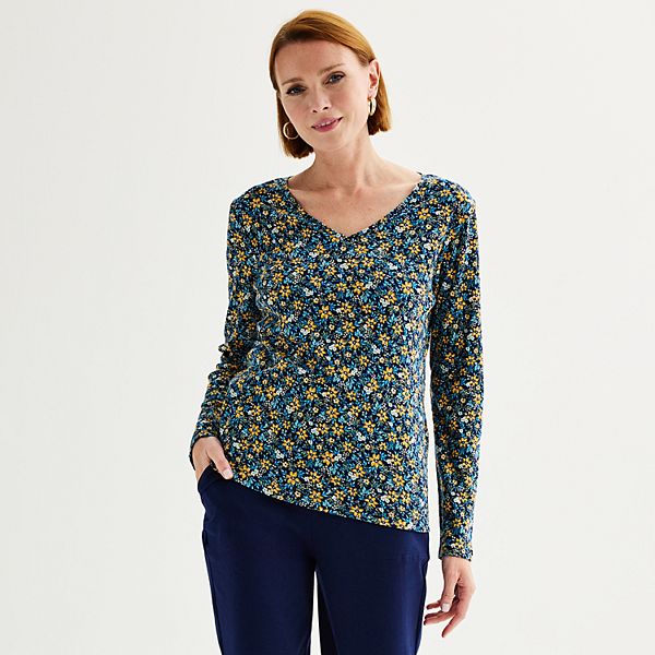 Petite Croft & Barrow&reg; Essential Long-Sleeve V-Neck Top - Navy Vintage Floral (S PETITE)