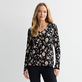 Petite Croft & Barrow® Essential Long-Sleeve V-Neck Top