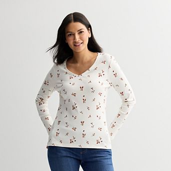 Petite Croft & Barrow® Essential Long-Sleeve V-Neck Top