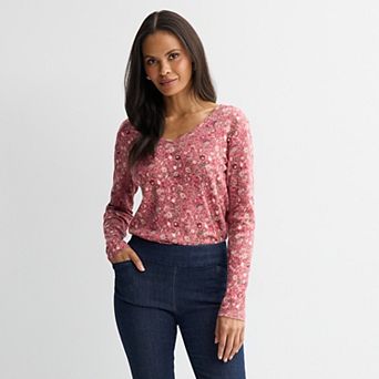 Petite Croft & Barrow® Essential Long-Sleeve V-Neck Top