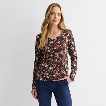 Petite Croft & Barrow® Essential Long-Sleeve V-Neck Top
