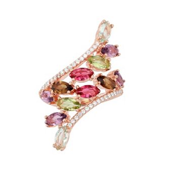 18K Rose Gold Over Silver Cubic Zirconia Multi-Colored Marquise Bypass Ring