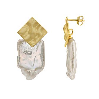 14k Gold Over Sterling Silver Freshwater Cultured Pearl Square Drop Earrings