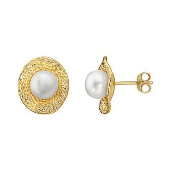 14k Gold Over Sterling Silver Freshwater Cultured Pearl Hammered Stud Earrings