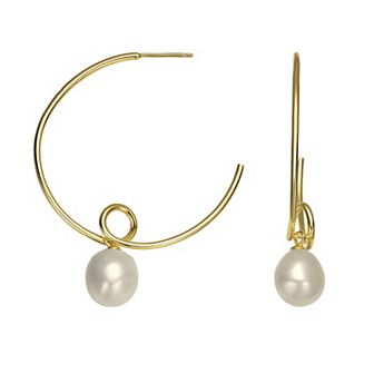 14k Gold Over Sterling Silver Freshwater Cultured Pearl Open Hoop Earrings