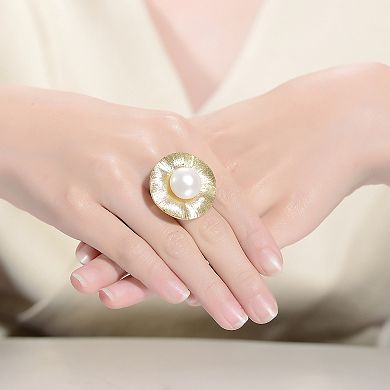 14k Gold Over Sterling Silver Freshwater Cultured Pearl Curvy Floral Ring