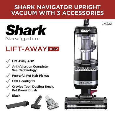 Shark® Navigator® Lift-Away® ADV Upright Corded Vacuum with Anti-Allergen Complete Seal Technology® and HEPA filter, LED Headlights, and Swivel Steering, LA322