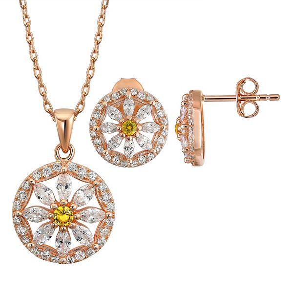 Sterling Silver Cubic Zirconia Halo Pendant Necklace and Stud Earrings