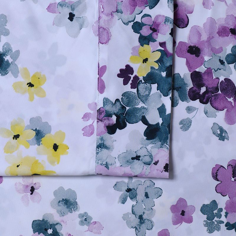 Azores Home Floral Printed Deep Pocket Sheet Set with Oversized Flat Juliette Purple Cal King