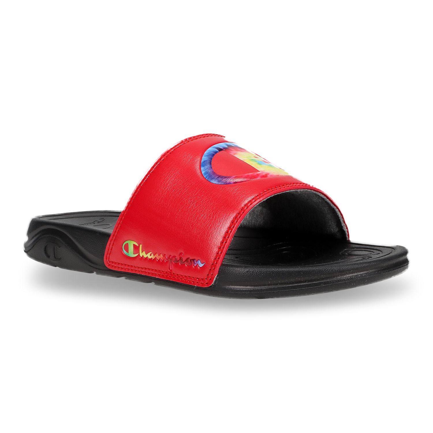 red tie dye champion slides