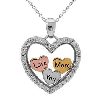 Hallmark Tri-Tone Sterling Silver Cubic Zirconia "Love You More" Heart Pendant Necklace
