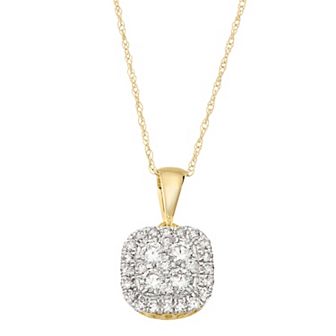 HDI 14k Gold 1/2 Carat T.W. Diamond Cluster Cushion Pendant Necklace