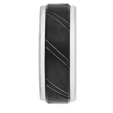 Lovemark Men's White & Black Ion-Plated Tungsten Diagonal Marks Ring