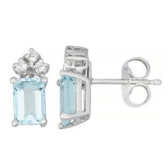 HDI 10k White Gold Aquamarine & 1/10 Carat T.W. Diamond Stud Earrings
