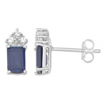 HDI 10k White Gold Sapphire & 1/10 Carat T.W. Diamond Stud Earrings