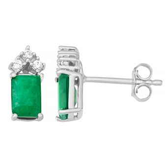 HDI 10k White Gold Emerald & 1/10 Carat T.W. Diamond Stud Earrings