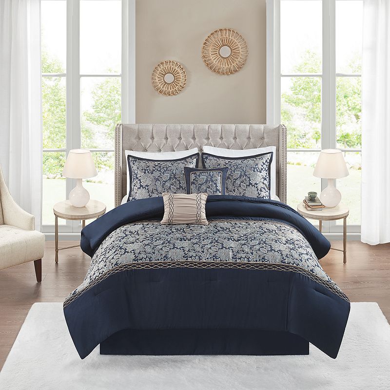 Madison Park Logan 6-Piece Comforter Set with Throw Pillows, Blue, Queen