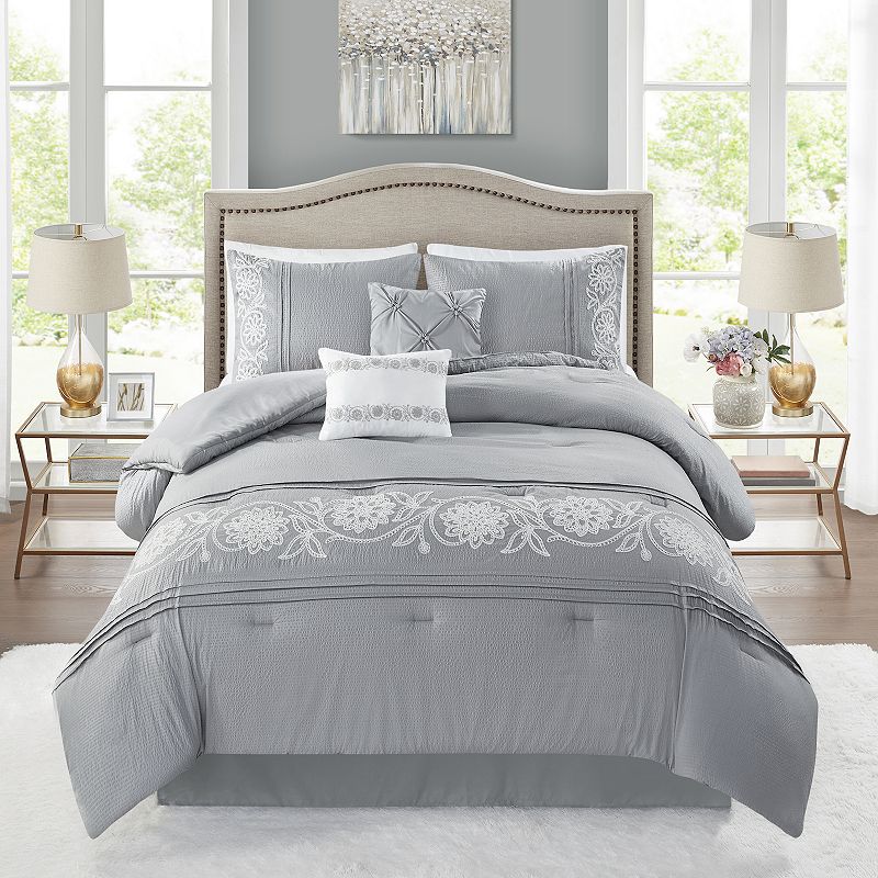 Madison Park Olivia 6-Piece Comforter Set with Coordinating Pillows, Grey, 