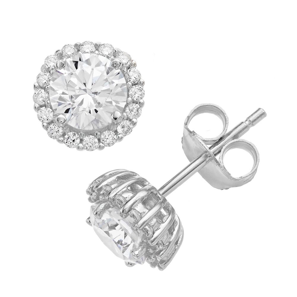 Sterling Silver Cubic Zirconia Halo Stud Earrings with 'Rubover' Detail