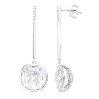 Rosabella Sterling Silver Cubic Zirconia Cushion Bar Drop Earrings