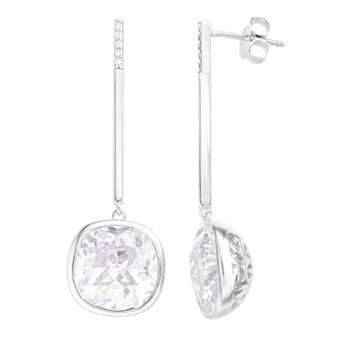 Rosabella Sterling Silver Cubic Zirconia Cushion Bar Drop Earrings