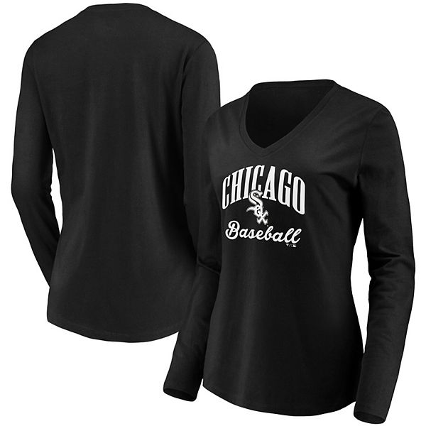 Women's Fanatics Branded Black Chicago White Sox Victory Script V-Neck Long  Sleeve T-Shirt