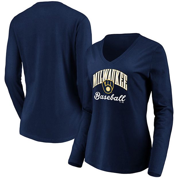 Women's Fanatics Branded Navy Milwaukee Brewers Victory Script V-Neck Long  Sleeve T-Shirt